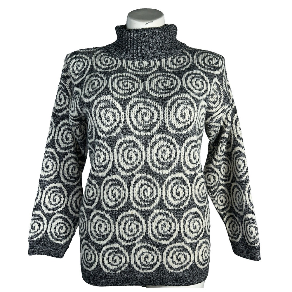 IN DESIGN Sweater MED Gray White Swirl Knit Rib Cowl‎ Neck Stretch USA VTG